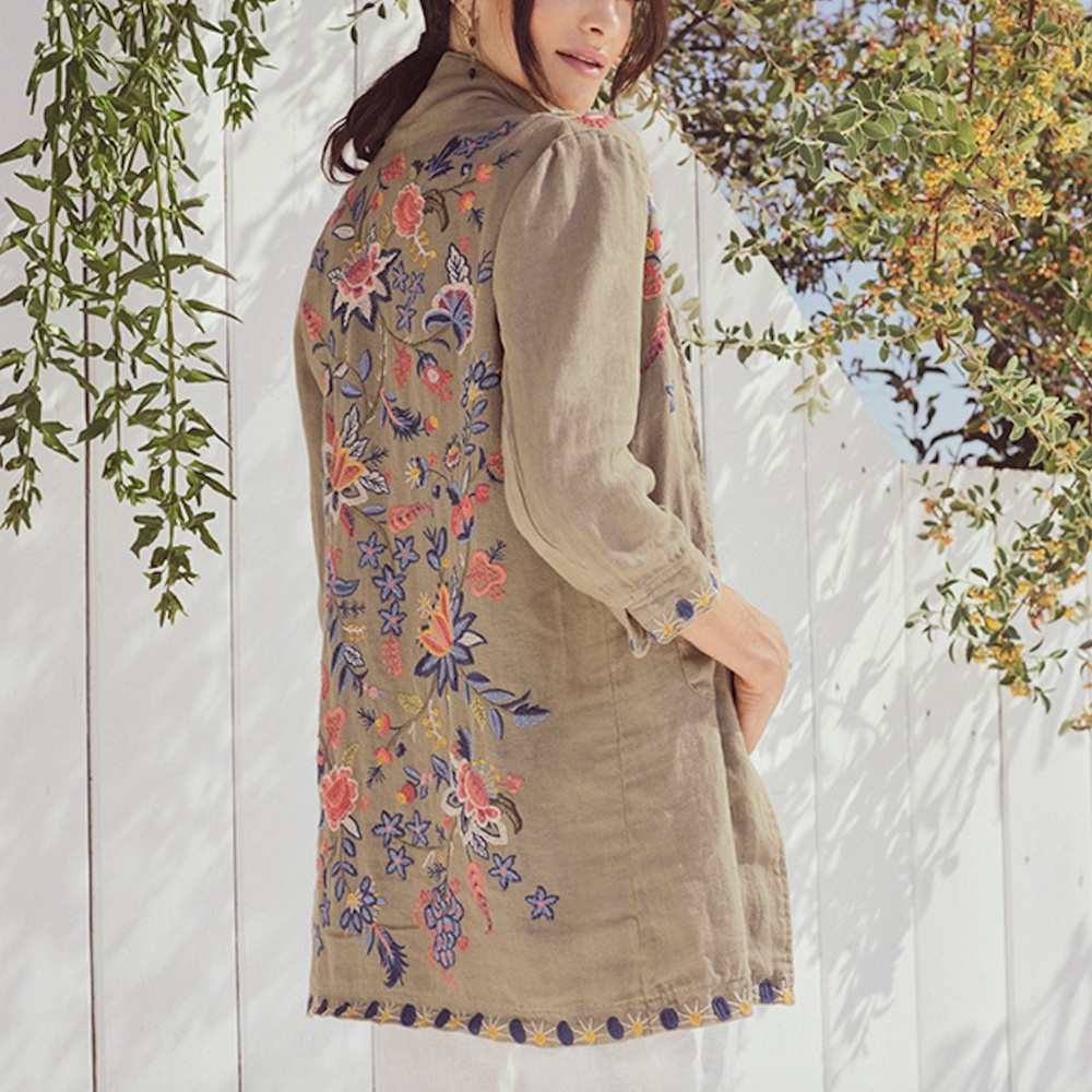 Johnny Was - Tiwa Floral Embroidered Tan Heavy Linen Open Front Coat Jacket XXL